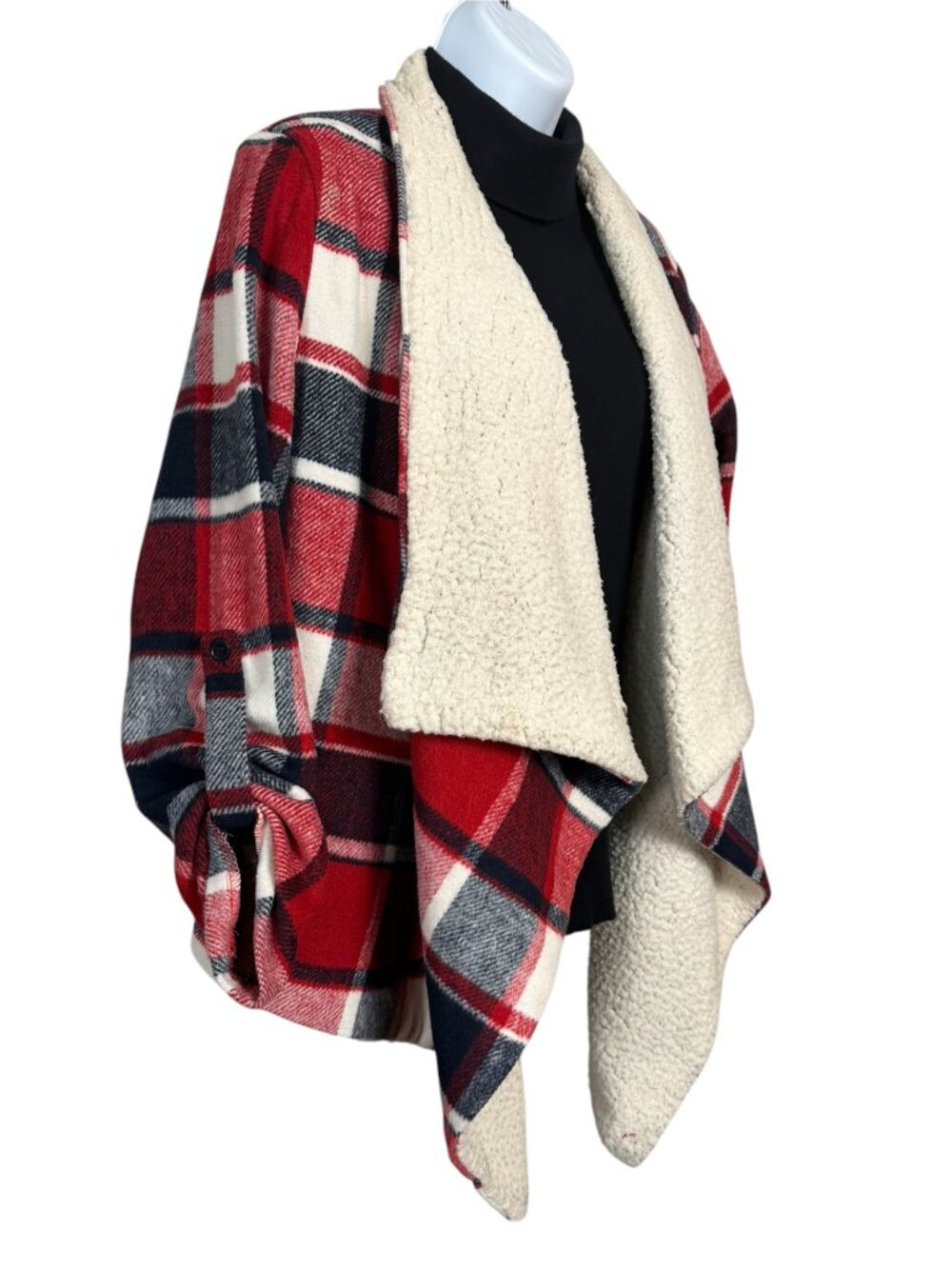 She + Sky Red Plaid Sherpa Waterfall Jacket Women’s Small